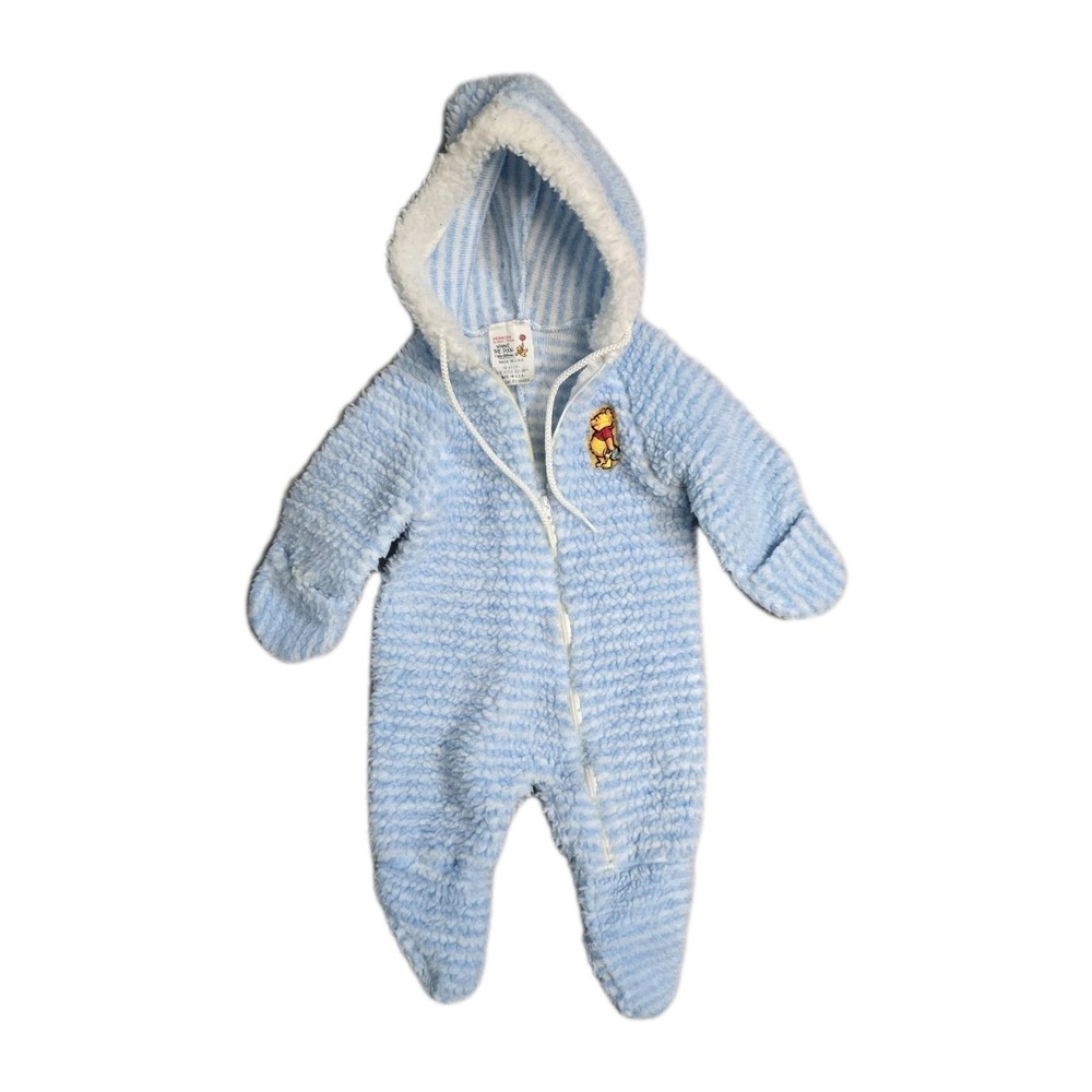 Vintage Winnie The Pooh Boys One Piece Jacket Newborn Blue Striped Fleece